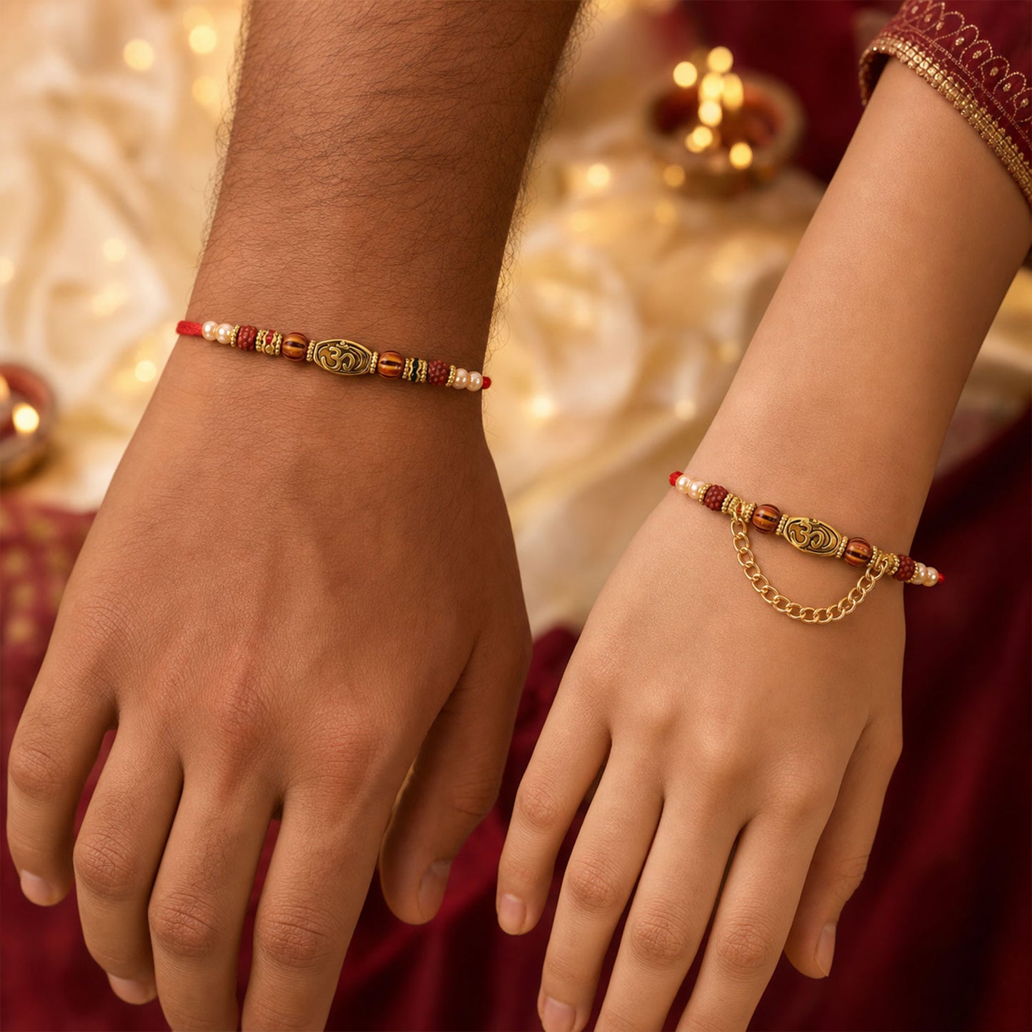 Om Design Couple Rakhi Set with Rudraksha Pearl Beads and Red Thread for Bhai Bhabhi
