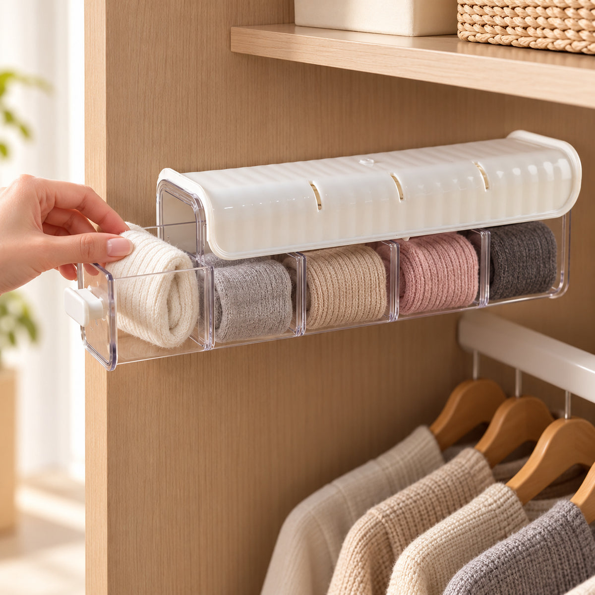 A hand slides out a clear plastic drawer from a white organizer, revealing rolled socks in various colors.