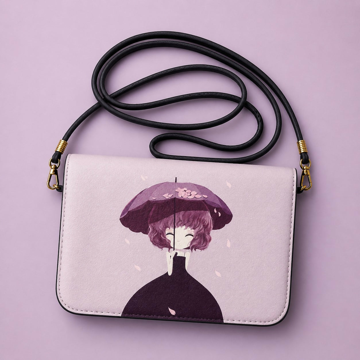 Close-up of magnetic flap closure on purple sling bag