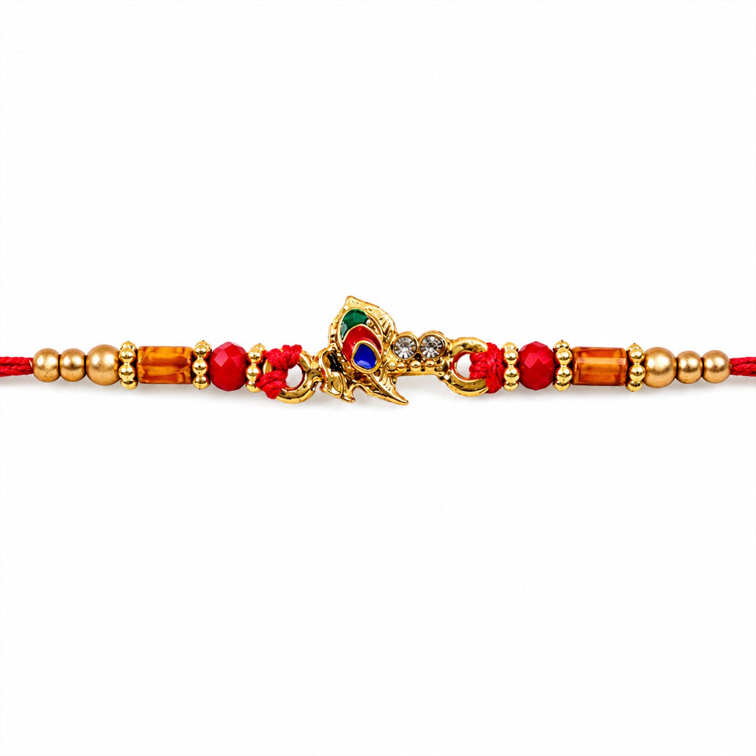 Peacock Floral Crescent Rakhi with Antique Gold Centre, Color Stones and Red Thread