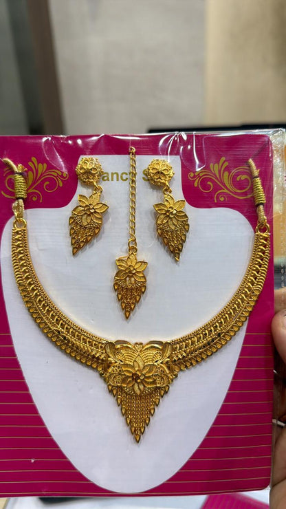 Traditional Gold-Plated Bridal Necklace Set with Earrings and Maang Tikka for Women