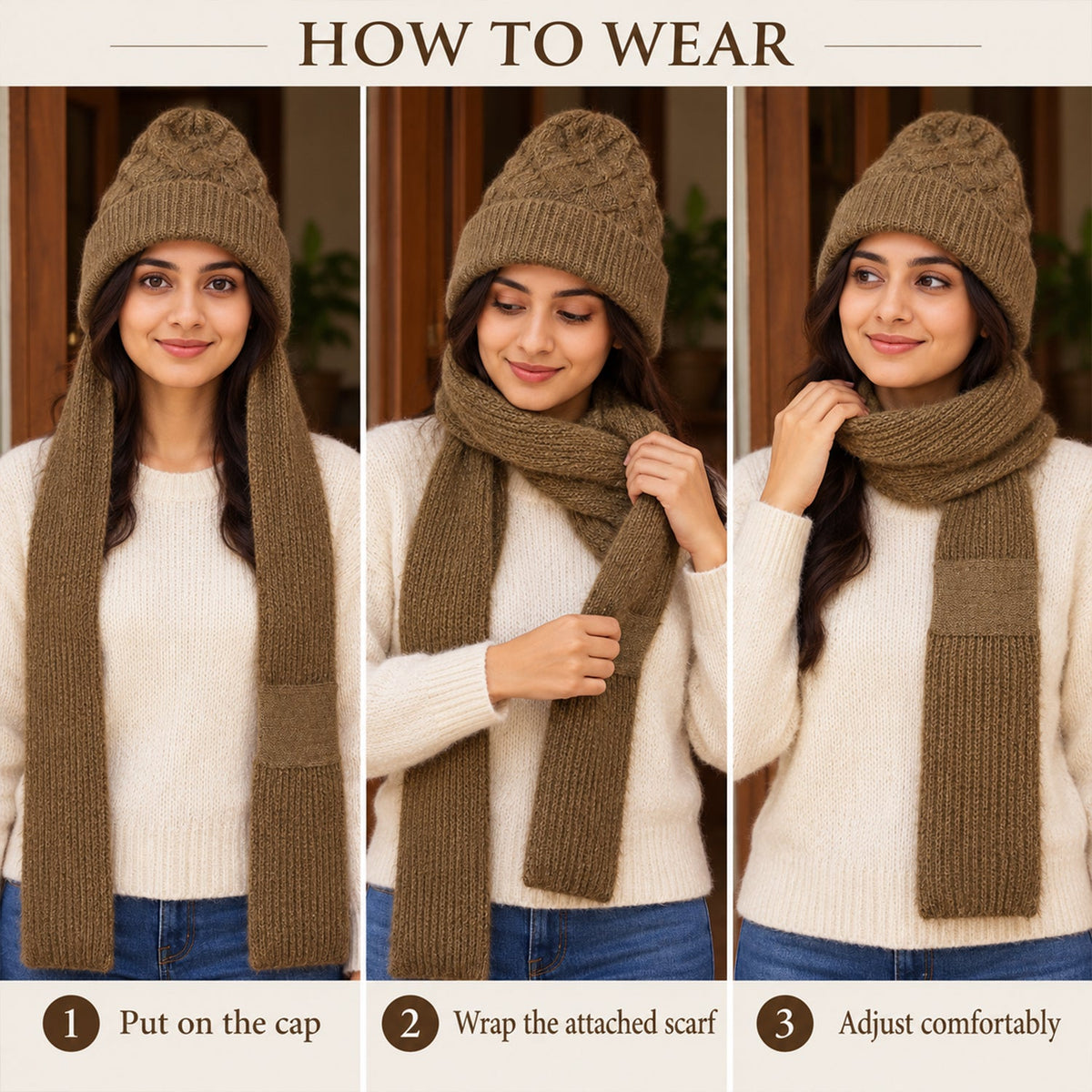 A three-step guide demonstrates how to wear the brown knitted cap with its attached scarf comfortably.