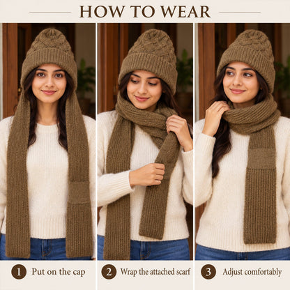 A three-step guide demonstrates how to wear the brown knitted cap with its attached scarf comfortably.