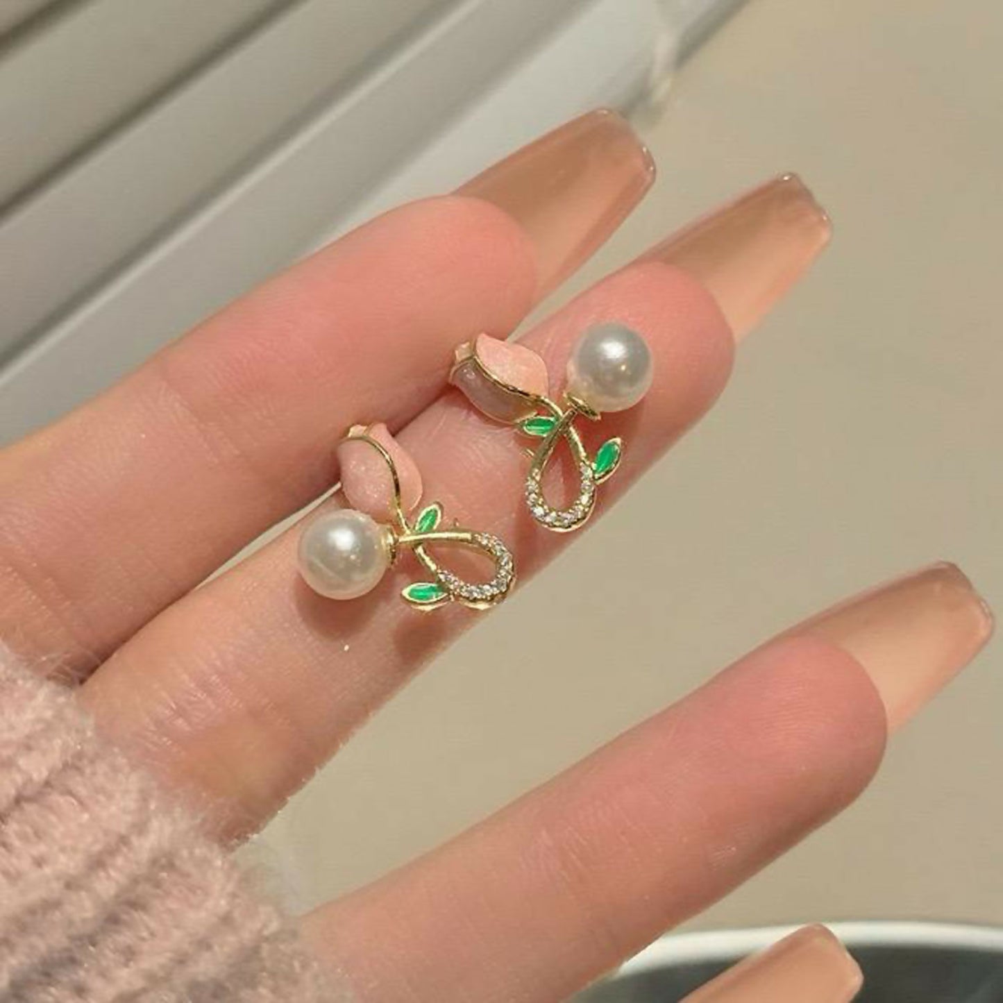 Elegant Korean style earrings featuring pink tulip enamel and pearl accent