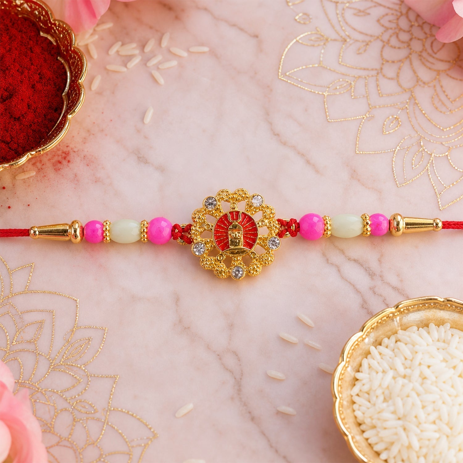 Shivling Trishul Rakhi with Stones & Beads Devotional Rakhi for Brother (5pcs)