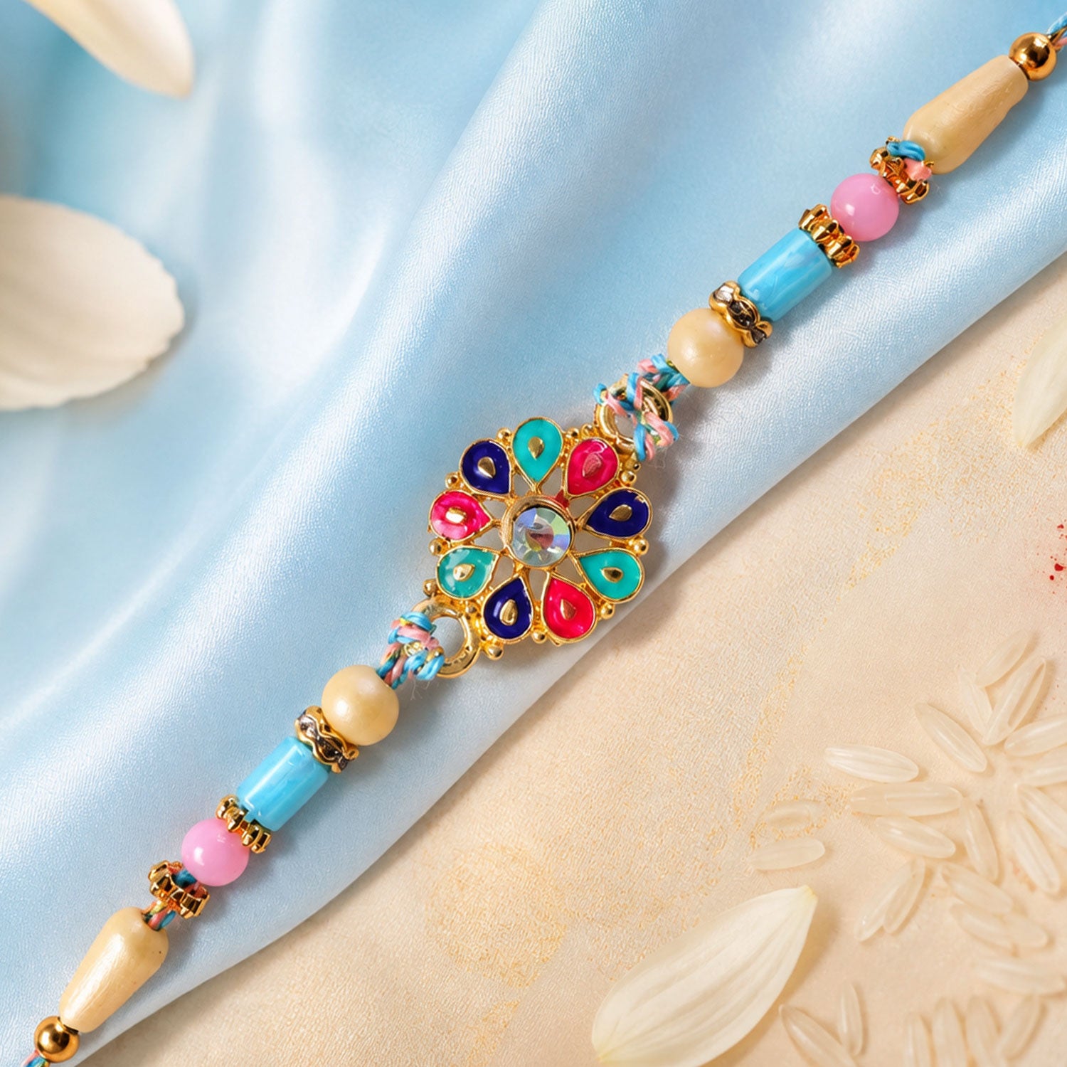 Multicolor Floral Kundan Pendant Rakhi with Pastel Beads