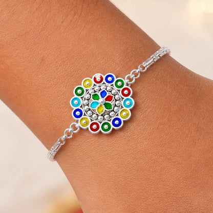 Floral Mandala Enamel Circles Beaded Silver Chain Designer Rakhi