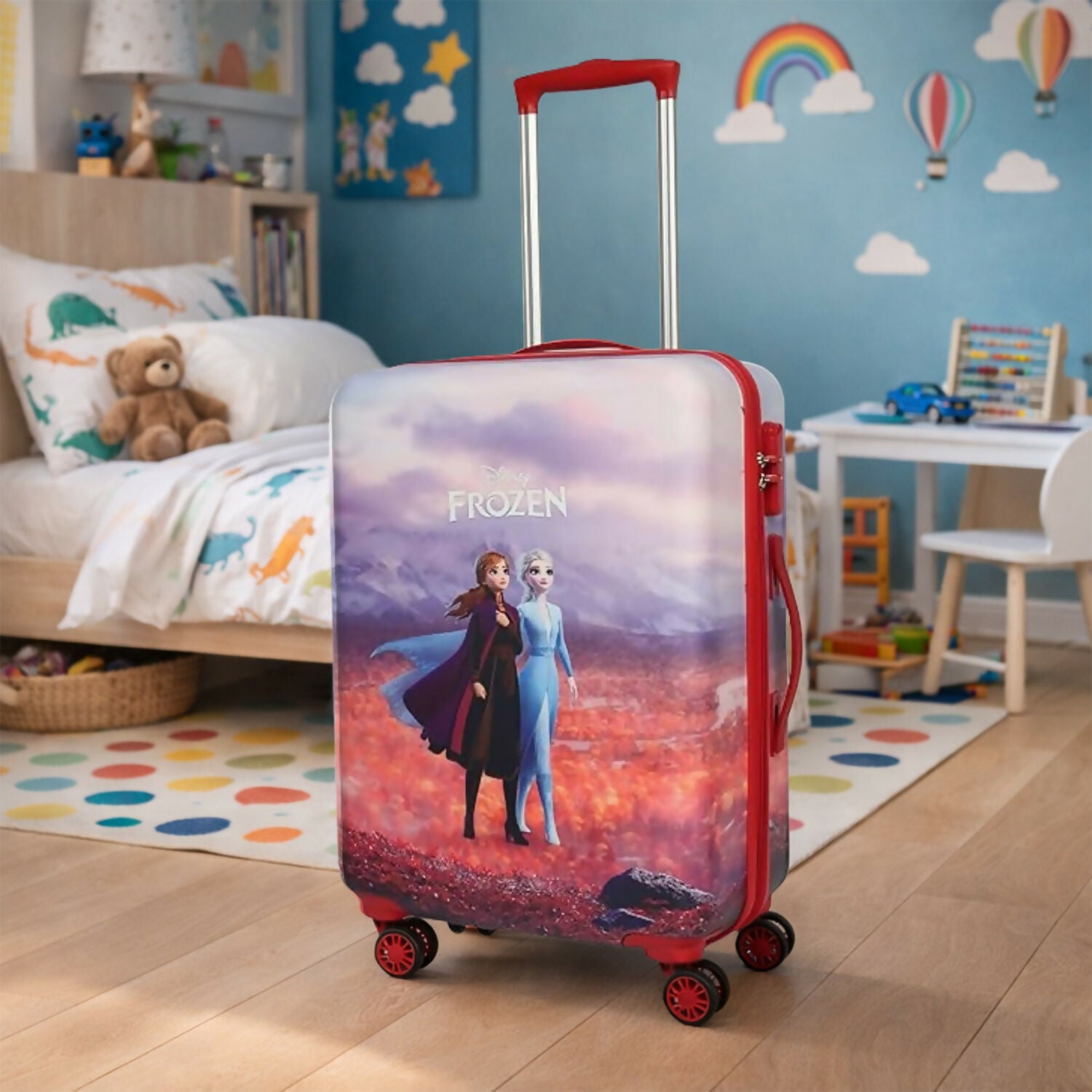 Open interior of Disney Frozen kids trolley bag showing compartments