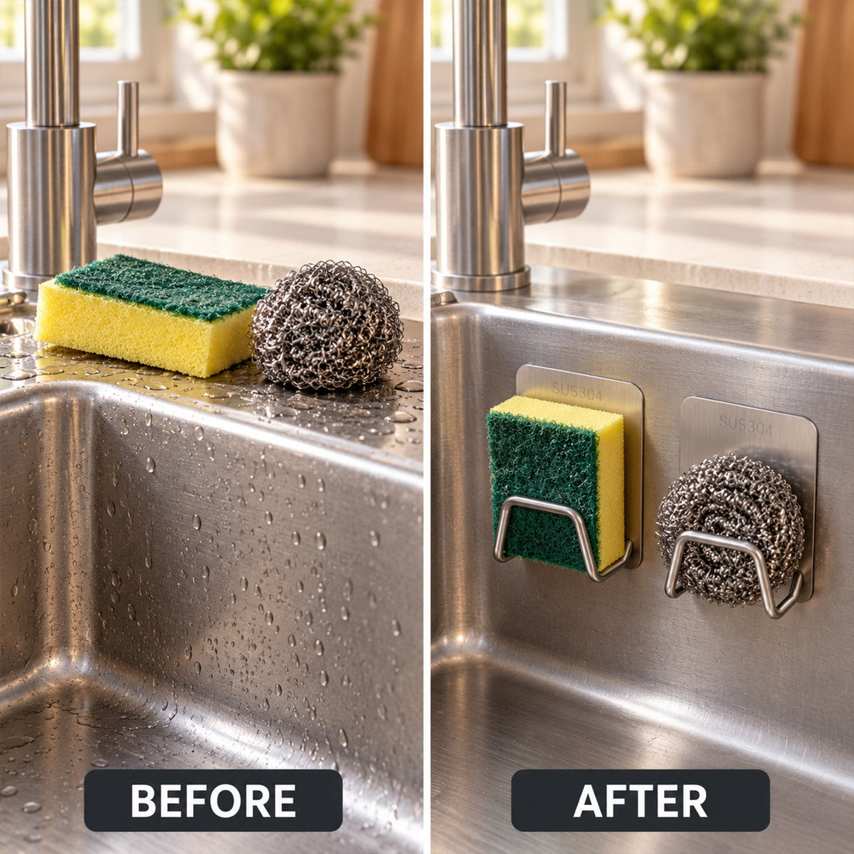 Self Adhesive Steel Sink Sponge Holder Hooks for Kitchen Scrubbers (2 Pc)