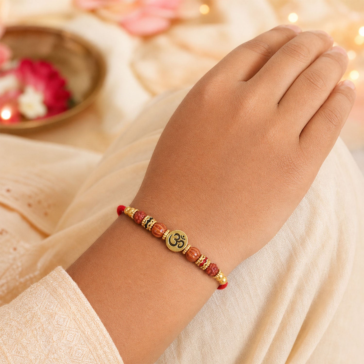 Om Motif Bhai Bhabhi Rakhi with Rudraksha Beads, Wooden Beads and Pearl Drop Charms
