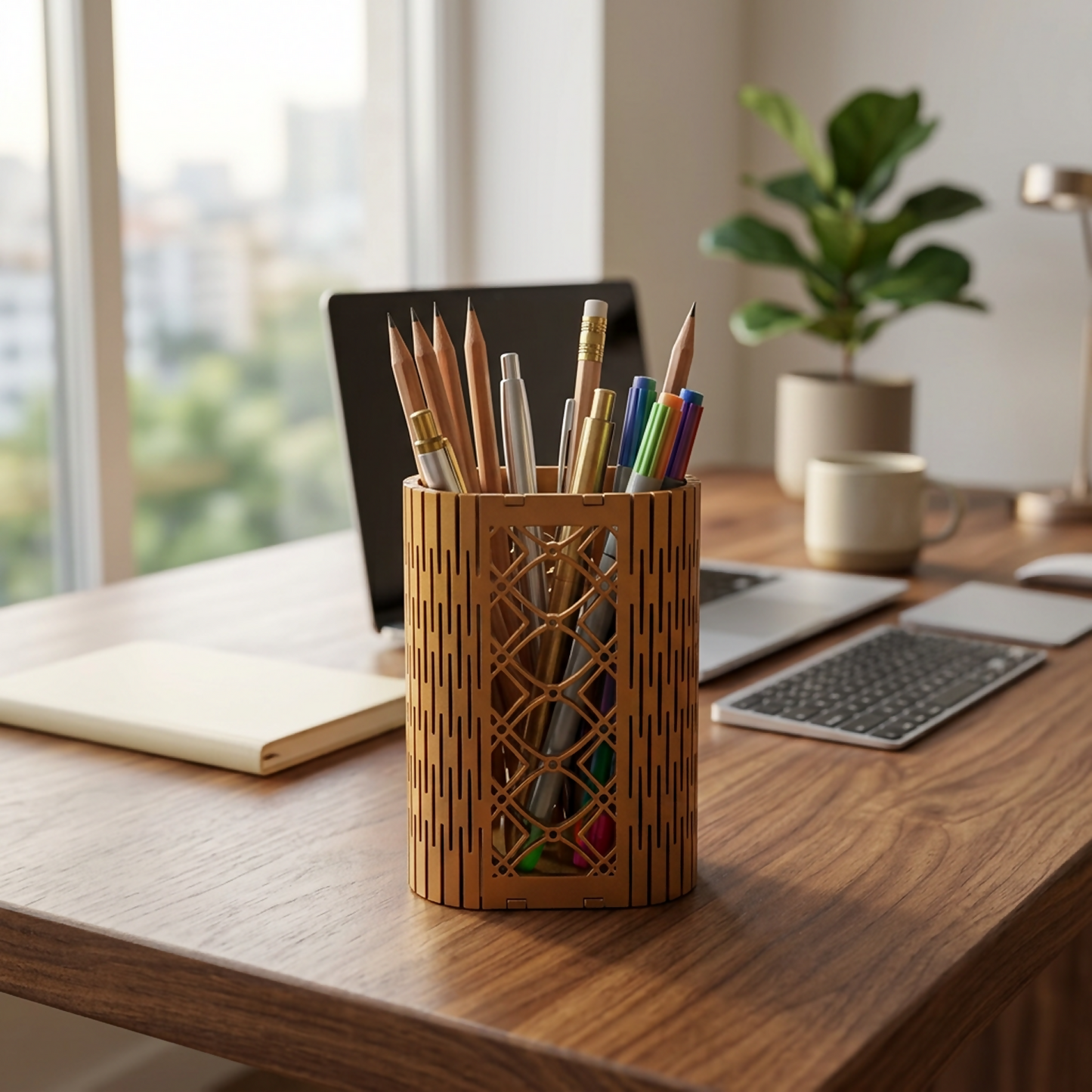 Close up of the intricate geometric lattice design on the wooden pen holder