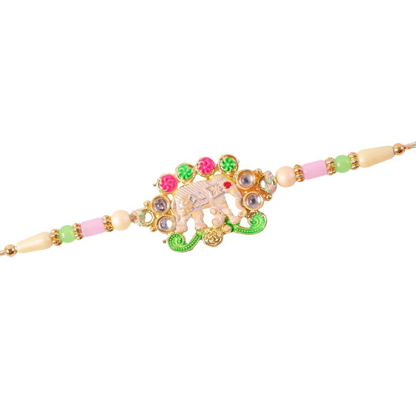 Festive Rakhi showcasing Elephant Charm, gold trims and display look for Gift Use