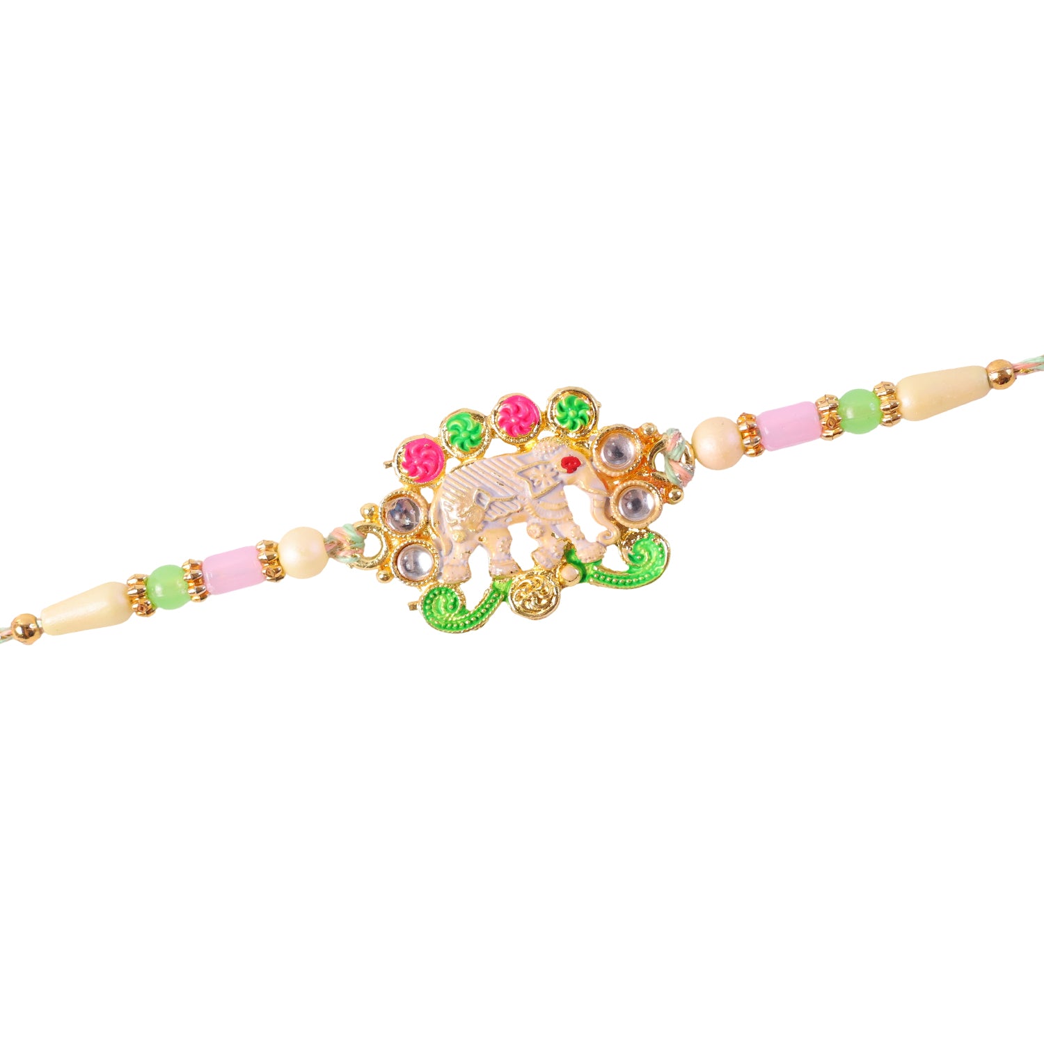 Festive Rakhi showcasing Elephant Charm, gold trims and display look for Gift Use