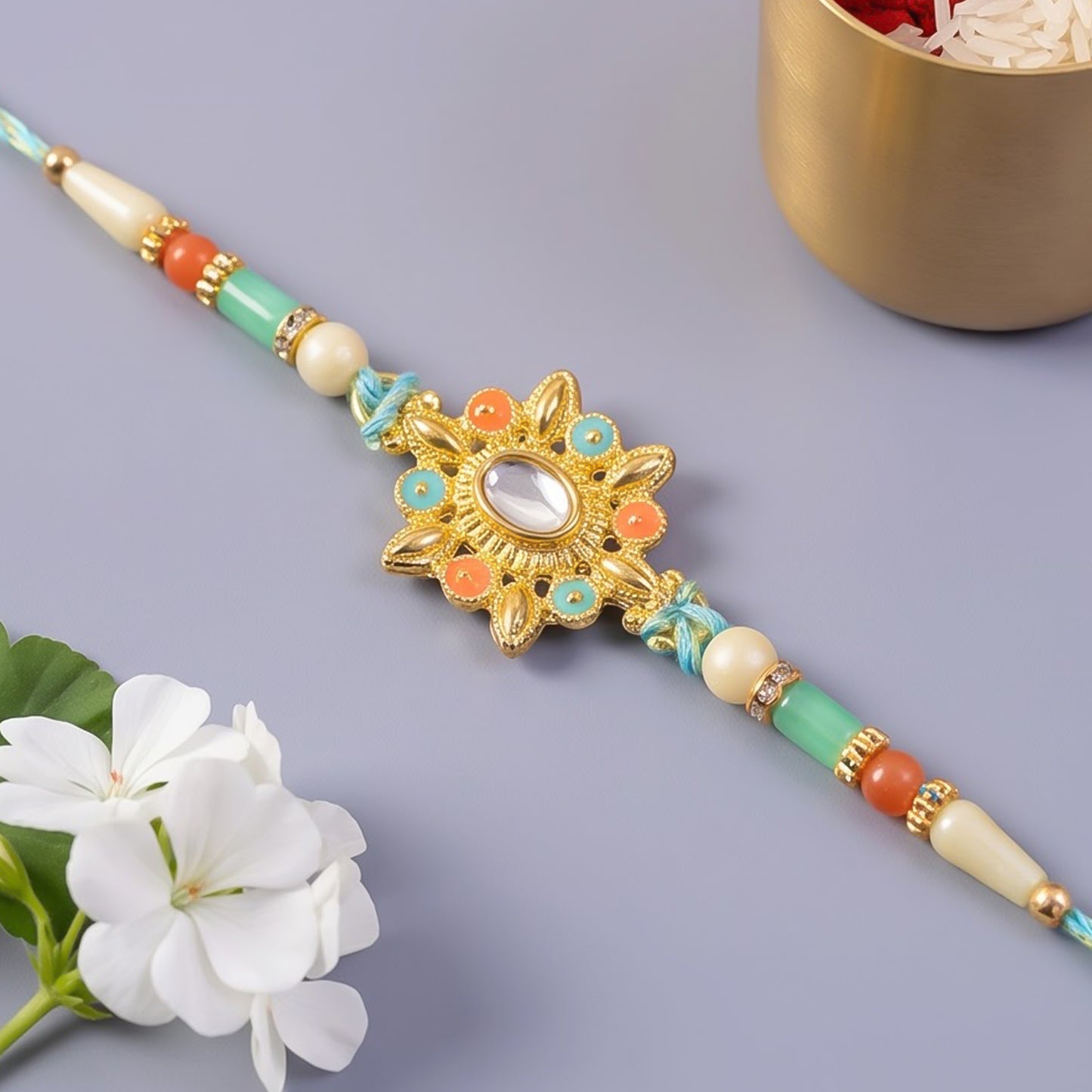 Sunflower Kundan Mirror Pendant Rakhi with Pastel Beads