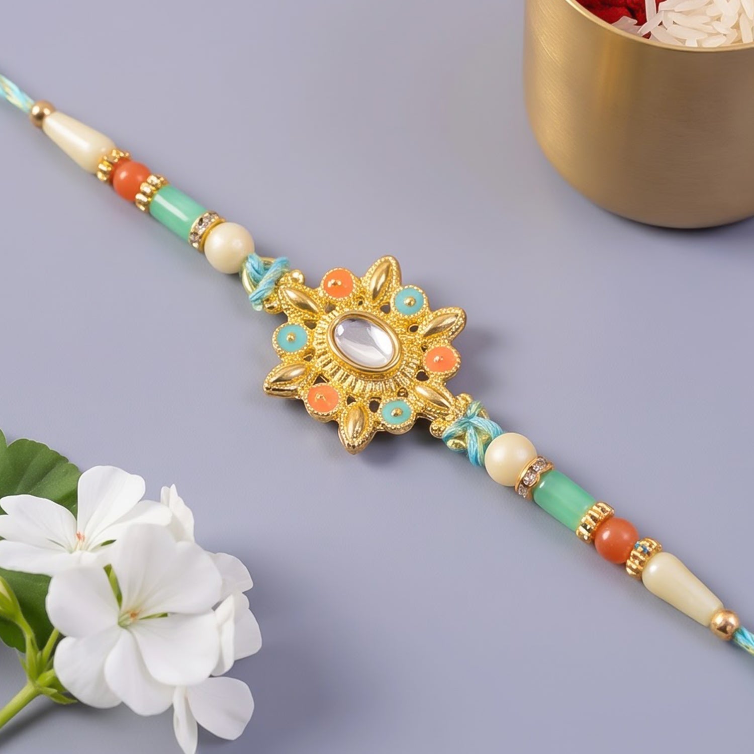 Sunflower Kundan Mirror Pendant Rakhi with Pastel Beads
