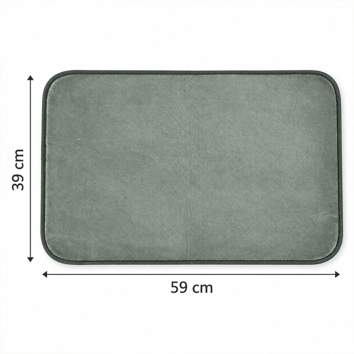 Gray rectangular floor mat with dimensions 59 cm by 39 cm indicated by arrows.