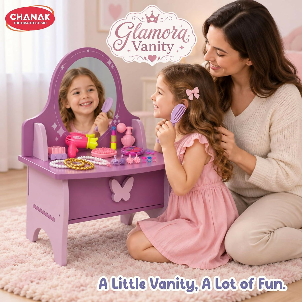 A mother and daughter smiling while playing with the purple and pink wooden vanity set, with the mother combing the girl's