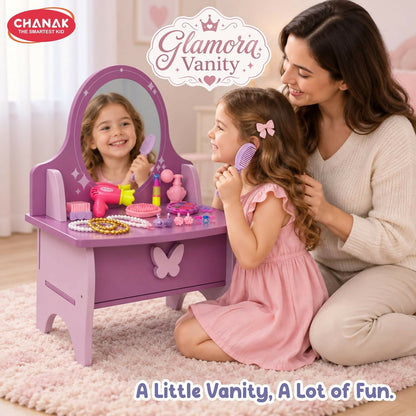 A mother and daughter smiling while playing with the purple and pink wooden vanity set, with the mother combing the girl's
