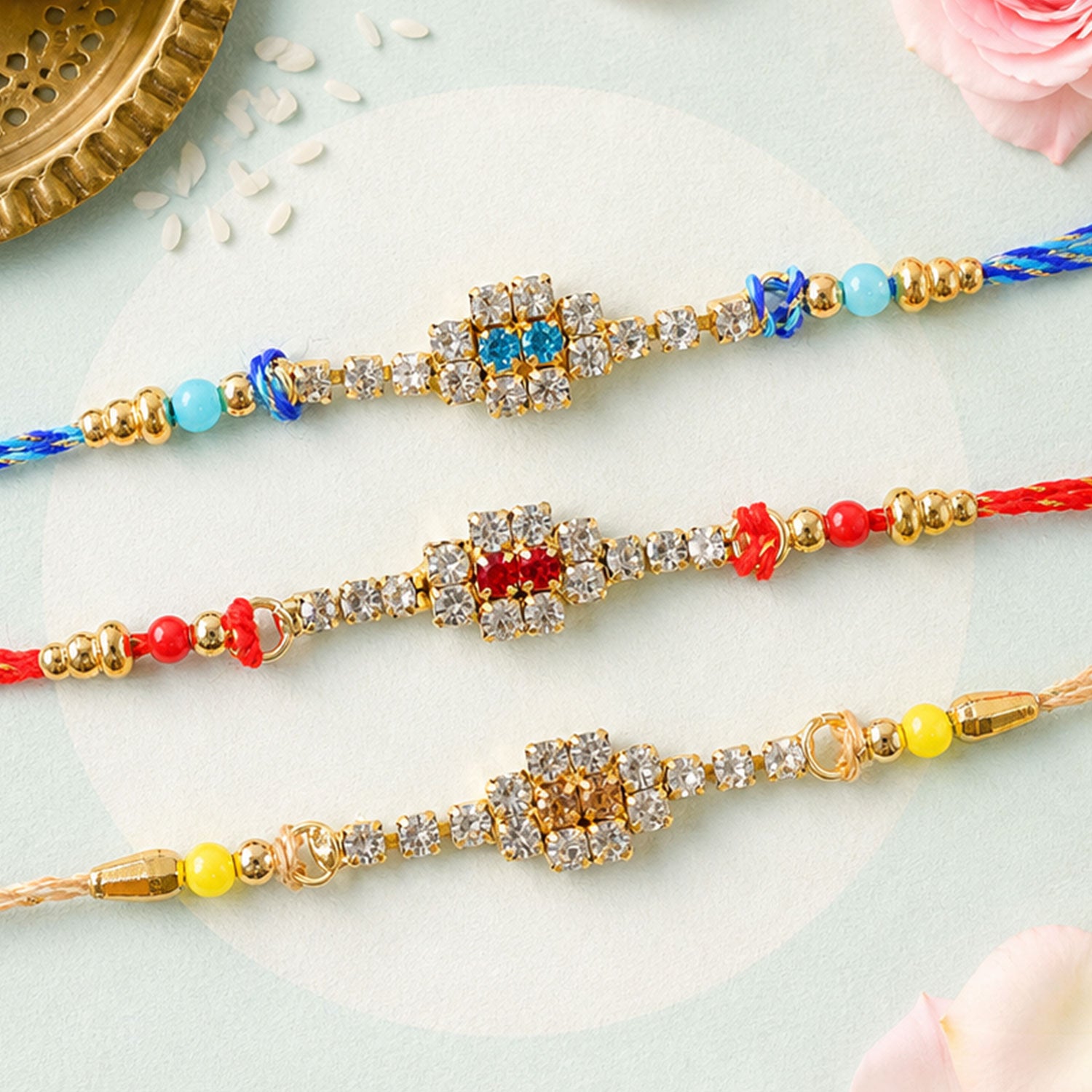 Square Motif Rakhi with Bright Bead Accents for Brother (Pack of 6)