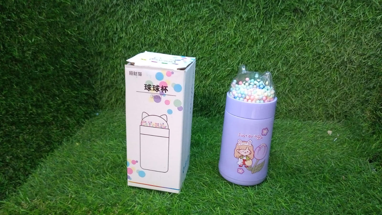 6953 Girl Glass Water Bottle for School with Kid Sparkle Strap Cat Lid Sequins Glitter Glass Cup Birthday Gift Children 350ml (MOQ :- 80 pc)