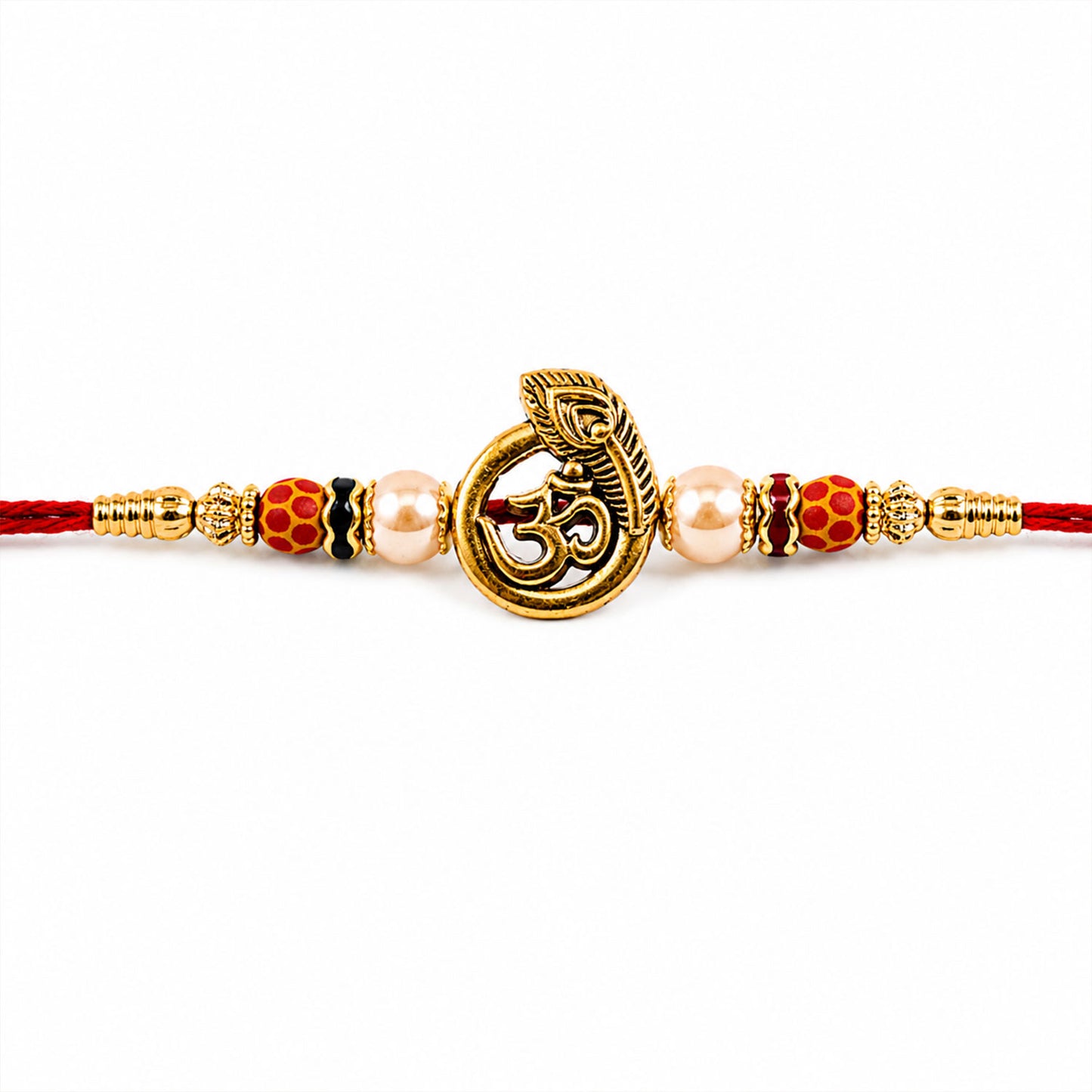 Om Peacock Golden Devotional Rakhi with Sacred Symbol, Pearl Beads and Red Thread