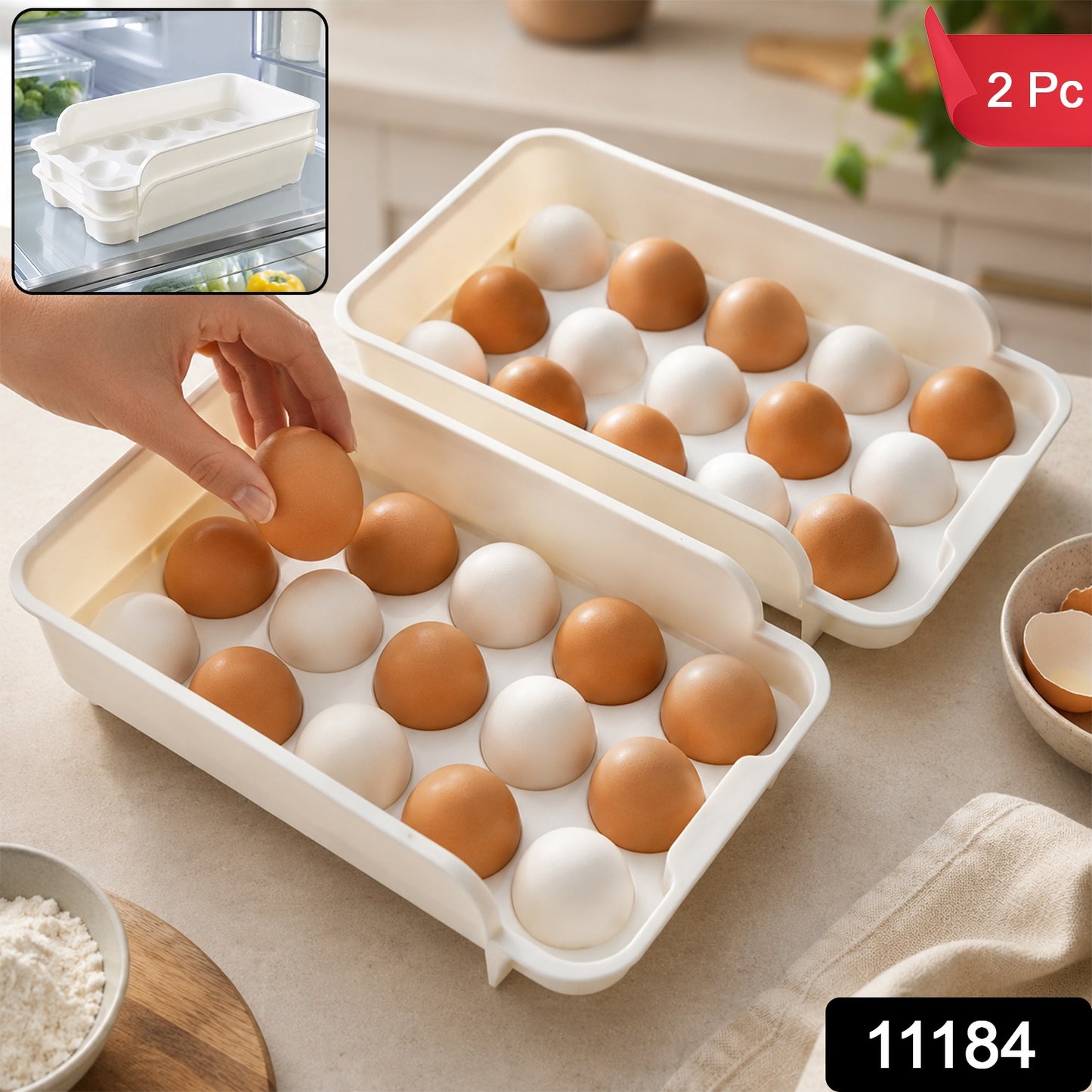 Plastic Egg Tray Set for Kitchen Stackable Fridge Egg Storage (2 Pc)
