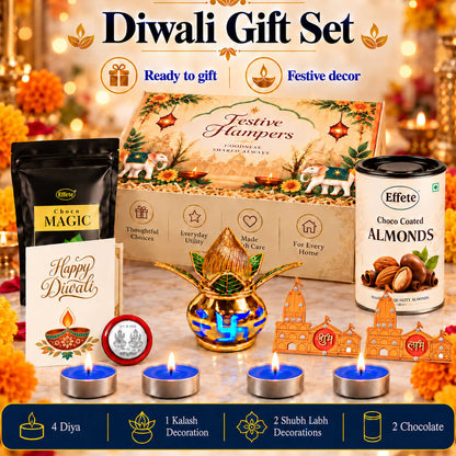 A Diwali gift set with a gold kalash, shubh-labh decorations, and four blue tea lights, all on a festive background.