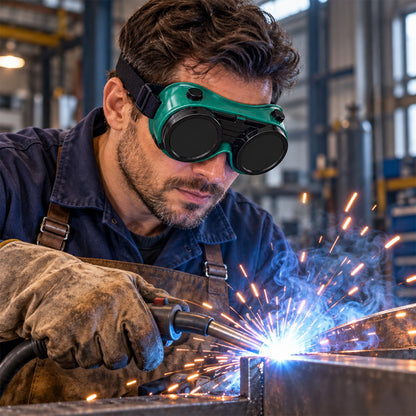 A man wearing green welding goggles and a brown apron, welding metal with bright sparks flying.