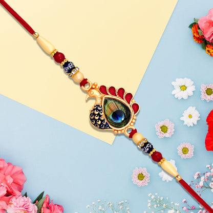 Peacock Feather Rakhi Golden Enamel Pearl Beads for Brother (5pcs)