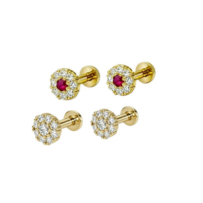 Close-up of vintage floral Ruby Diamond Halo stud earrings with sparkling crystals