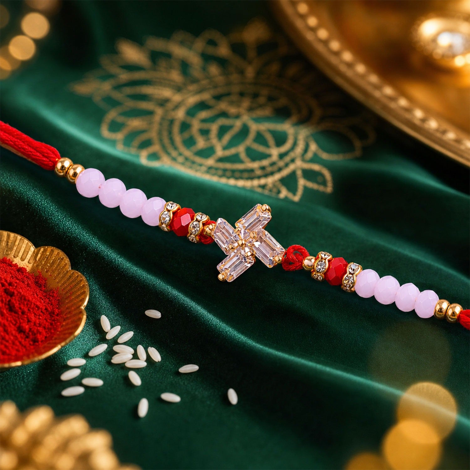 Crystal Pinwheel Rakhi with sparkling baguette AD stones and pink beads on a festive background.