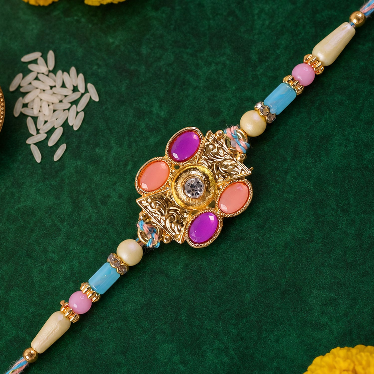 Premium Rakhi with Multicolor Floral Medallion, bead line and chain look for Gift Use
