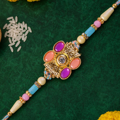 Premium Rakhi with Multicolor Floral Medallion, bead line and chain look for Gift Use