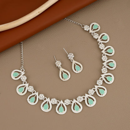 Traditional Pearl Chain with Mint-Green & AD Drop Necklace Set