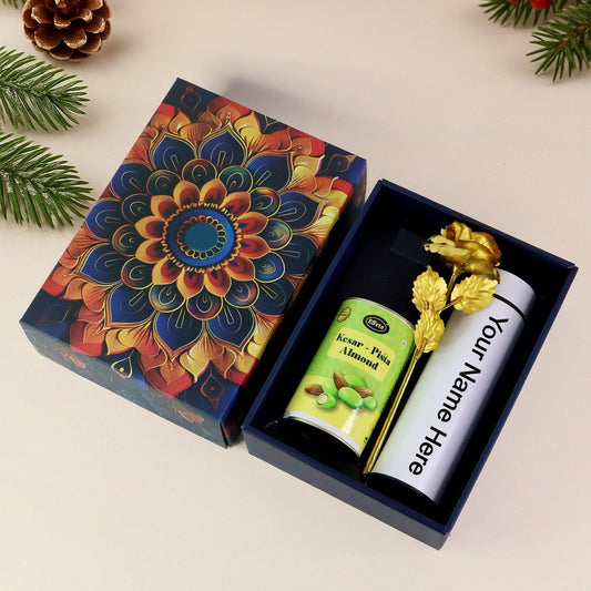 Personalized Temperature Water Bottle, Effete Kesar Pista Almonds Gift Hamper, Golden Rose With Bottle (3 Pc Set)