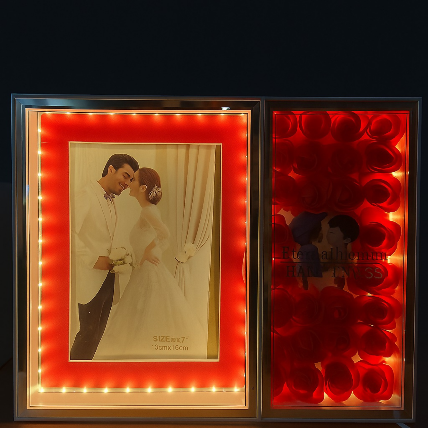 Romantic Dual-Panel LED Photo Frame with Rose Box | Warm Light 5x7 Inch Photo Frame for Couples, Anniversary, Wedding & Home Decor | Illuminated Foldable Love Frame with Artificial Roses – USB Powered Gift for Partner