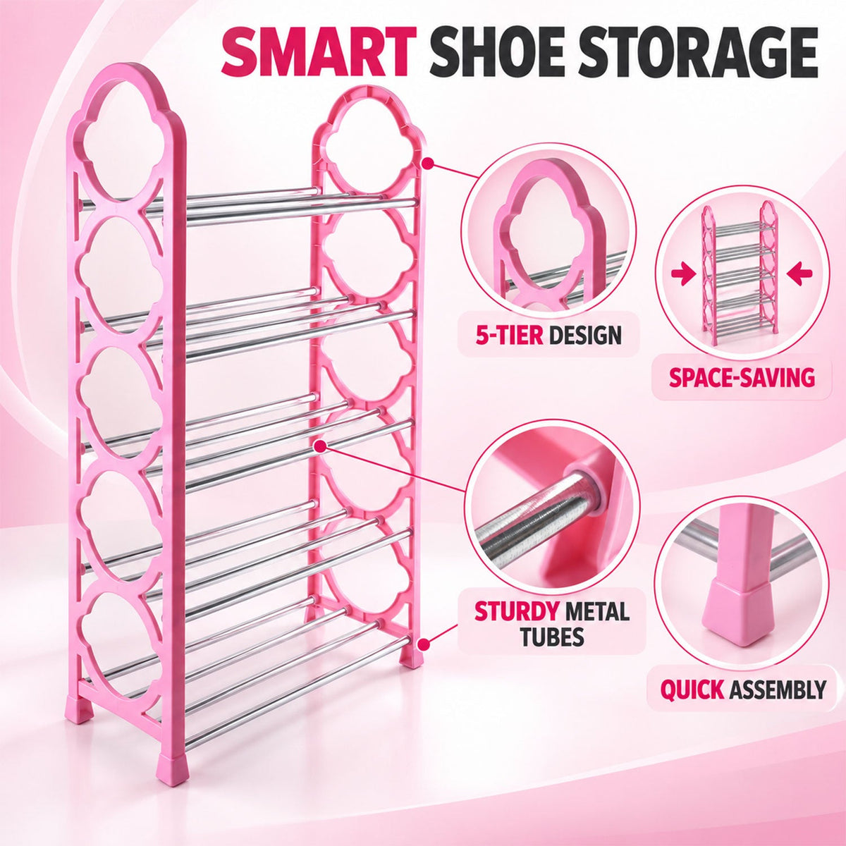 Shoe Storage Rack with Plastic Sides & Metal Rods for Home Entryway (5 Layer)