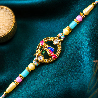 Colorful Circular Charm Rakhi with Pink Blue Beads and Festive Brother Gift Appeal