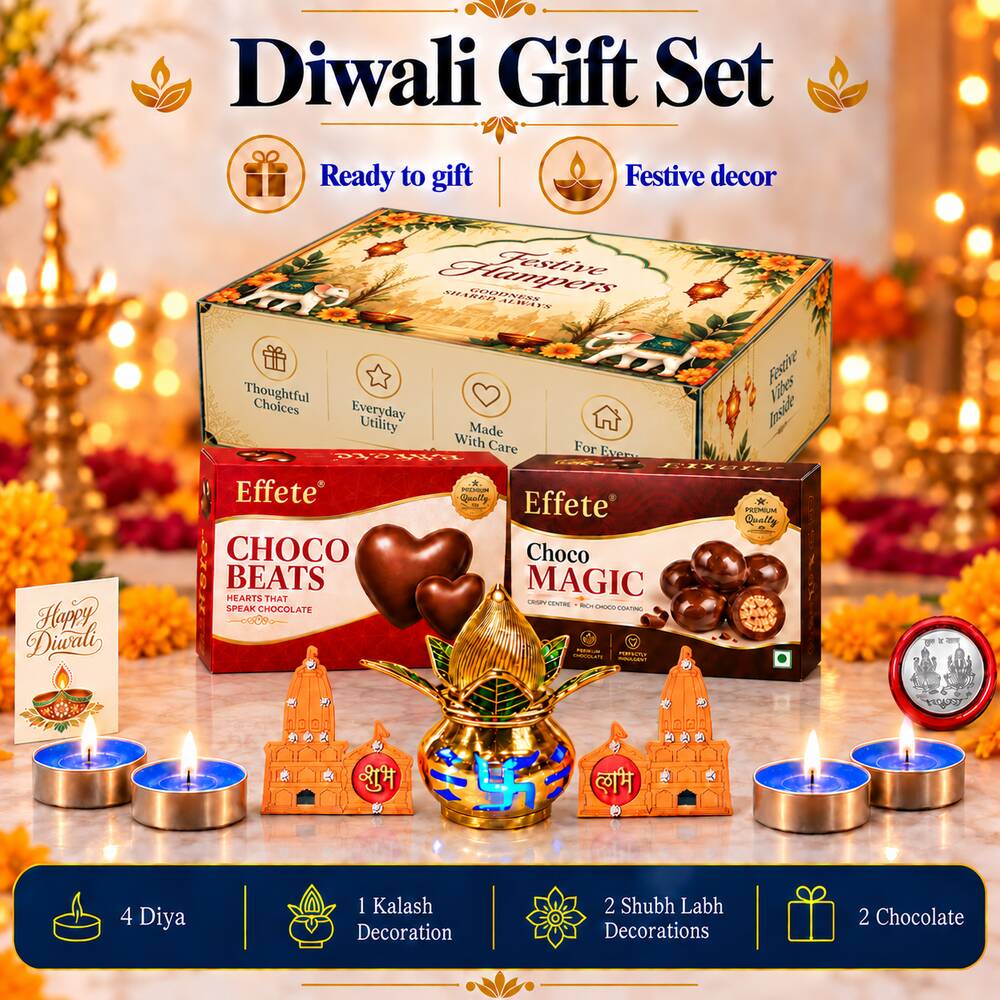 A festive hamper box, two chocolate boxes, a golden kalash, two orange temple decorations, a Happy Diwali card, and – view 4