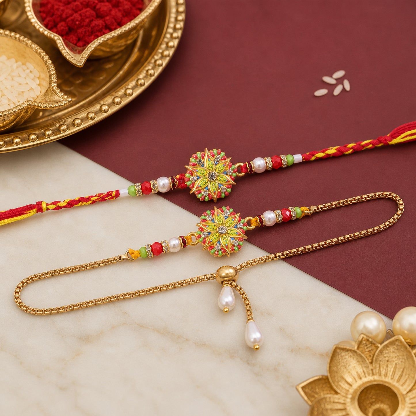 Star Design Floral Kundan Bhai Bhabhi Lumba Rakhi with Pearl Drops