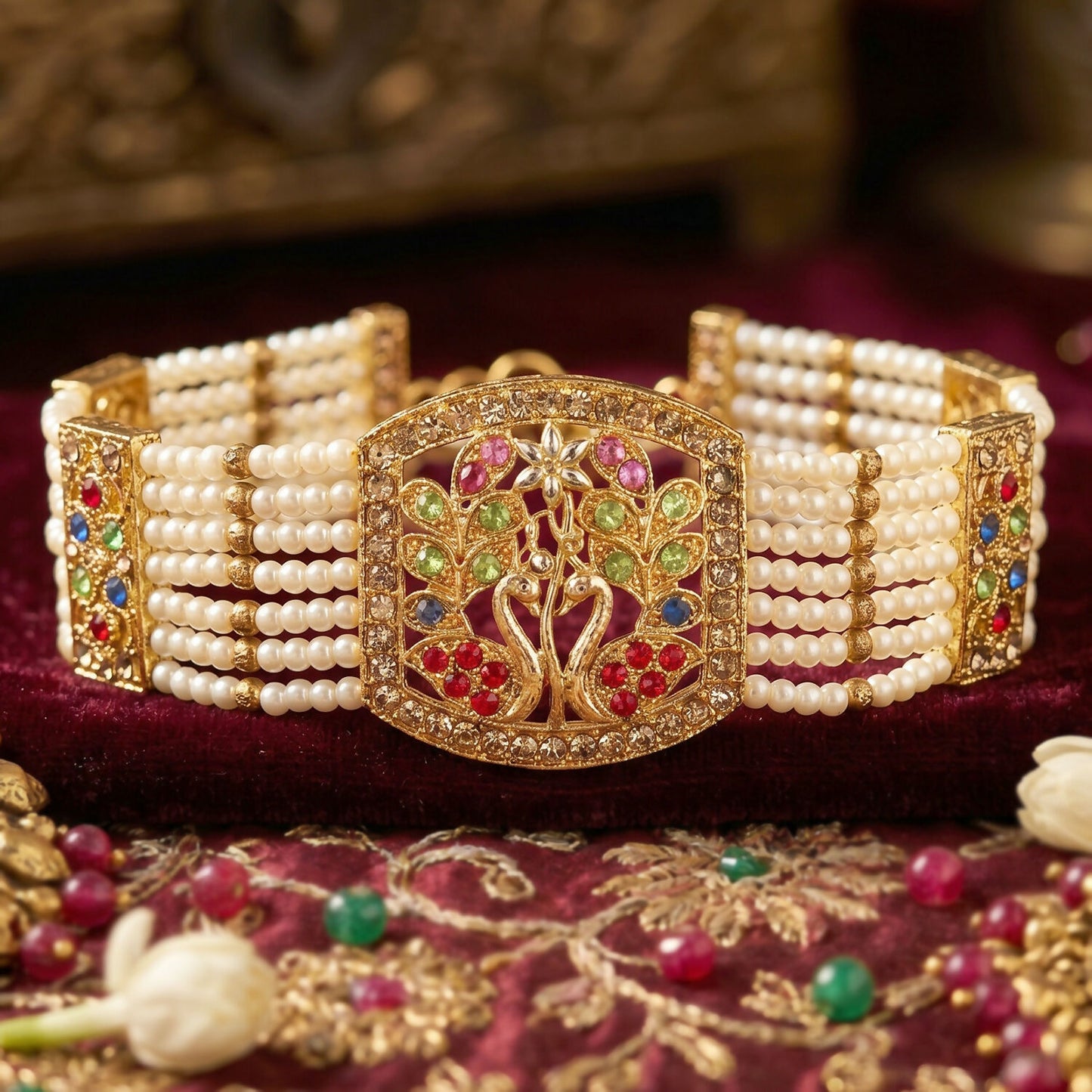 Elegant pearl and multi-colored stone bridal bracelet