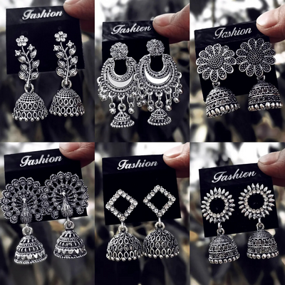 Oxidised Silver Jhumka Earrings Set – Traditional Stylish 6-Pair Combo