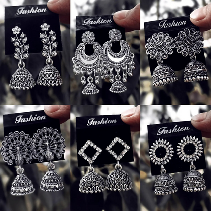 Traditional Oxidised Silver Jhumka Earrings Set Stylish Big Jhumki (6Pair Combo)
