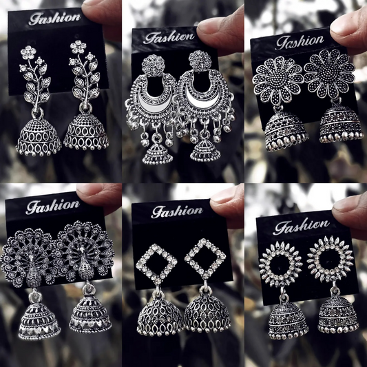 Traditional Oxidised Silver Jhumka Earrings Set Stylish Big Jhumki (6Pair Combo)