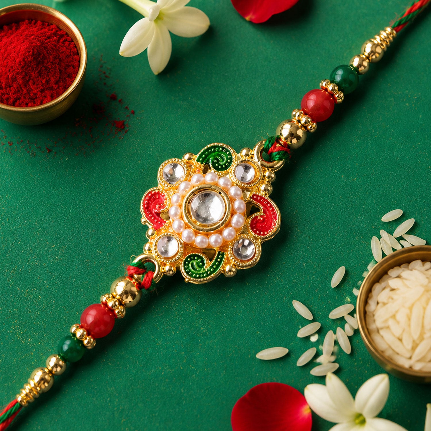 Elegant Rakhi with Floral Medallion and bead line in chain look for Gift Styling