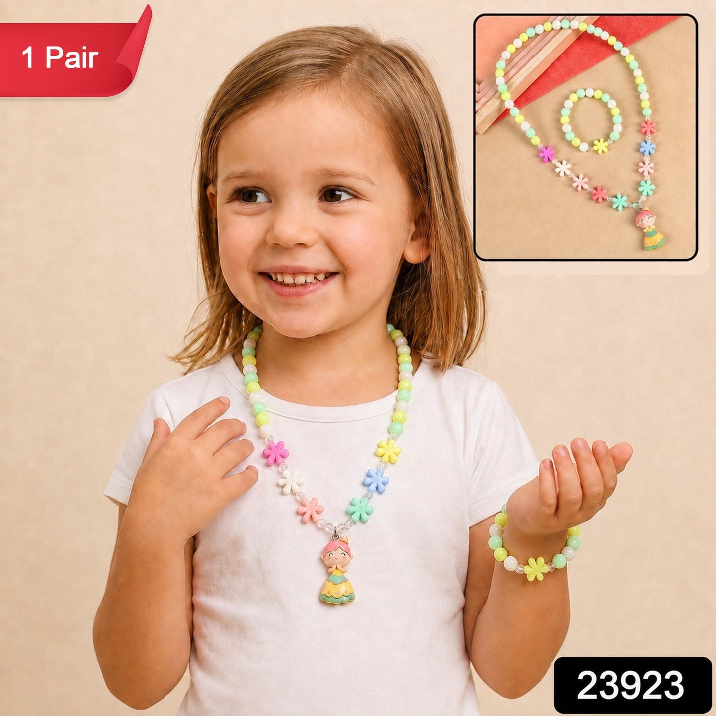 Colorful Plastic Bead Necklace and Bracelet Jewellery Set for Kids Girls (1 Pair)