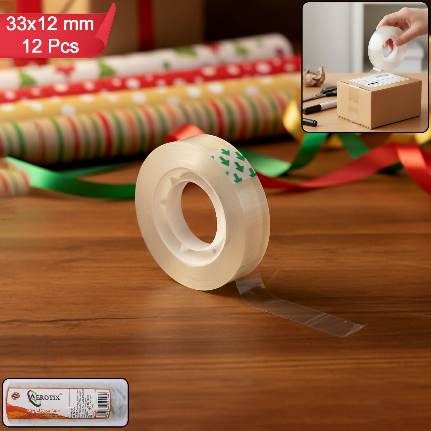 Clear Transparent Tape 33x12 mm Strong Adhesive Office Tape (Pack of 12)