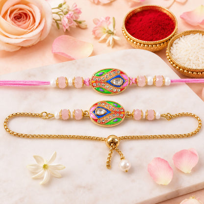 Oval Kundan Meenakari Studded Crystal Pearl Beads Bhai Bhabhi Rakhi Lumba