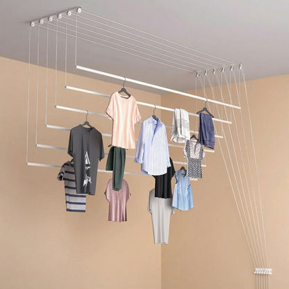 Space Saving Ceiling Mounted Cloth Drying Hanger with Pull Down Rope System for Balcony, Utility Area