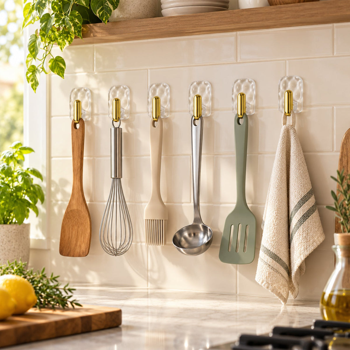 Six clear plastic hooks with gold accents hold various kitchen utensils and a striped towel on a white tiled wall.